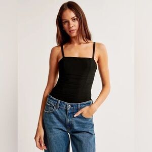 Abercrombie & Fitch Black Mesh Crepe Ruched Squareneck Bodysuit, Size Small